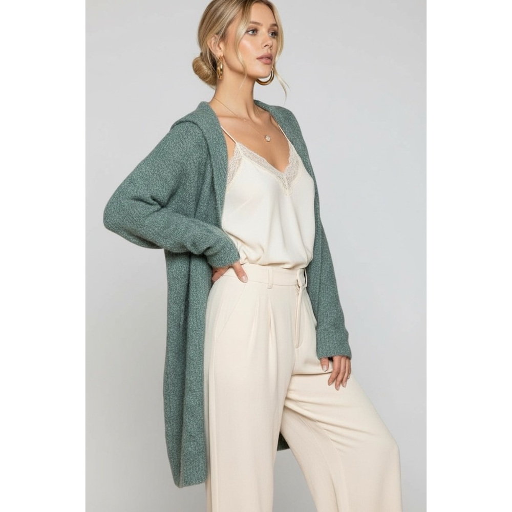 POL Sage Green Hooded Cardigan | Plush Fuzzy Long Knit Coat - Picture 3 of 8